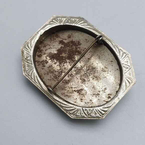 Victorian Cameo Pin C Clasp Rhinestone Accents Oval Portrait Silver Tone Frame - Picture 3 of 4